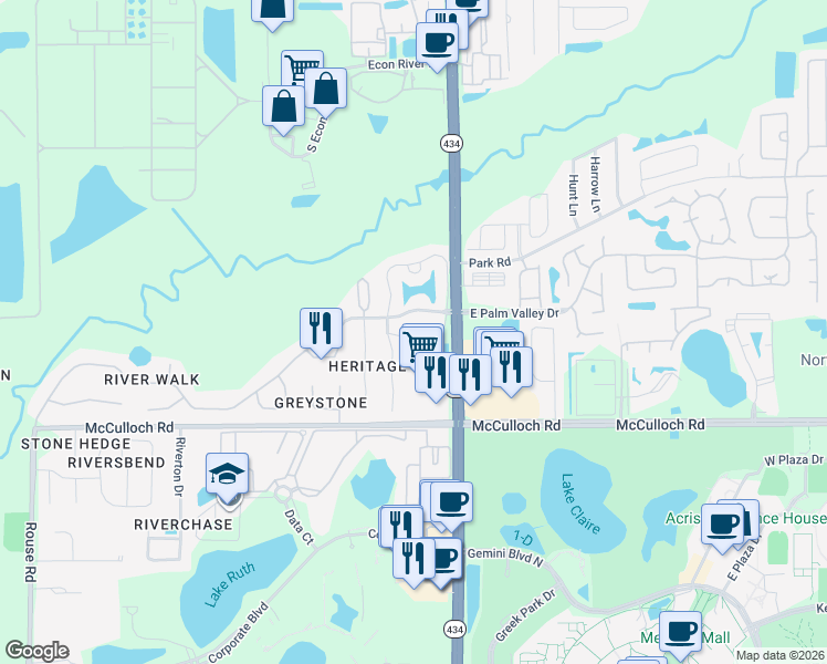 map of restaurants, bars, coffee shops, grocery stores, and more near 160 Reserve Circle in Oviedo