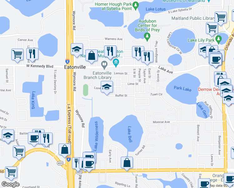 map of restaurants, bars, coffee shops, grocery stores, and more near 225 Ruffel Street in Eatonville