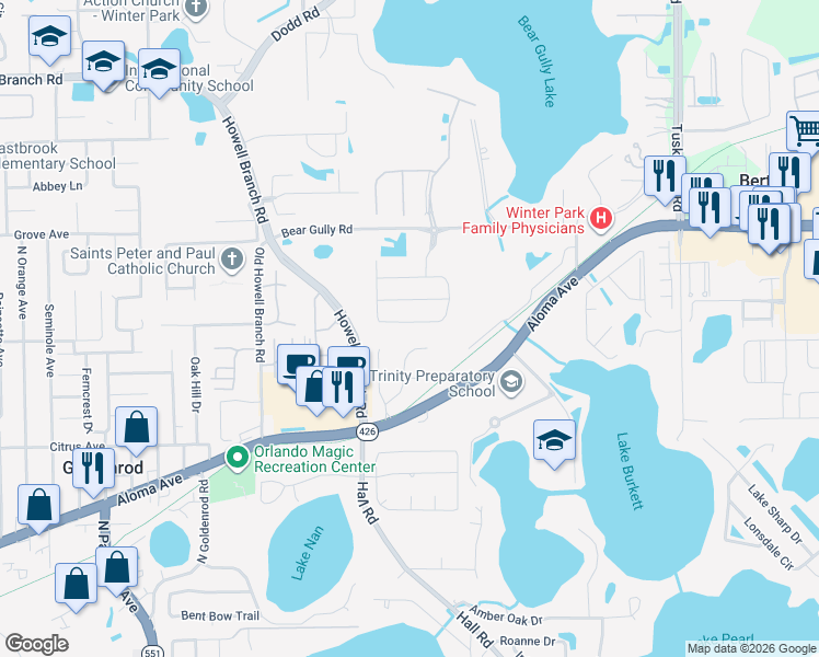 map of restaurants, bars, coffee shops, grocery stores, and more near 8012 Pleasant Pine Circle in Winter Park