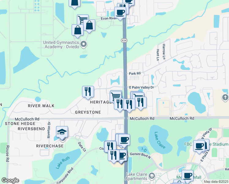 map of restaurants, bars, coffee shops, grocery stores, and more near 176 Reserve Circle in Oviedo