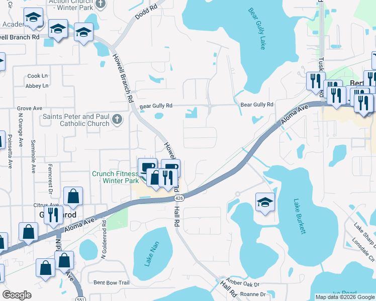 map of restaurants, bars, coffee shops, grocery stores, and more near 7976 Pleasant Pine Circle in Winter Park