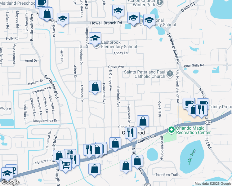 map of restaurants, bars, coffee shops, grocery stores, and more near 5248 Seminole Avenue in Winter Park