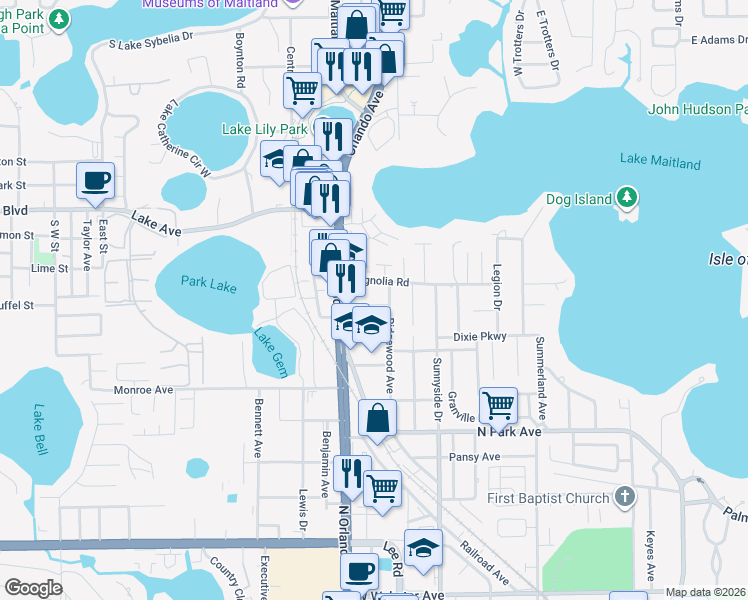 map of restaurants, bars, coffee shops, grocery stores, and more near 1450 South Orlando Avenue in Maitland