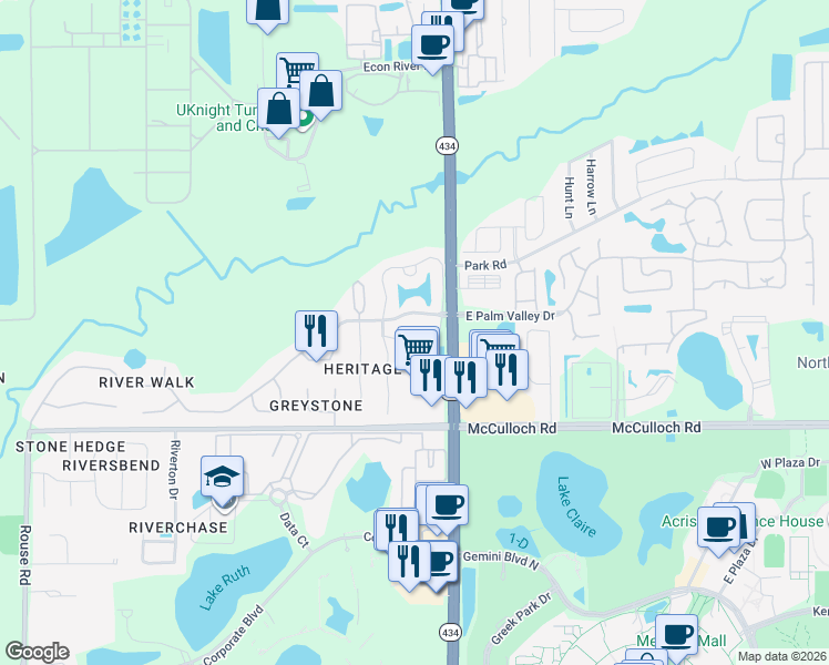 map of restaurants, bars, coffee shops, grocery stores, and more near 168 Reserve Circle in Oviedo