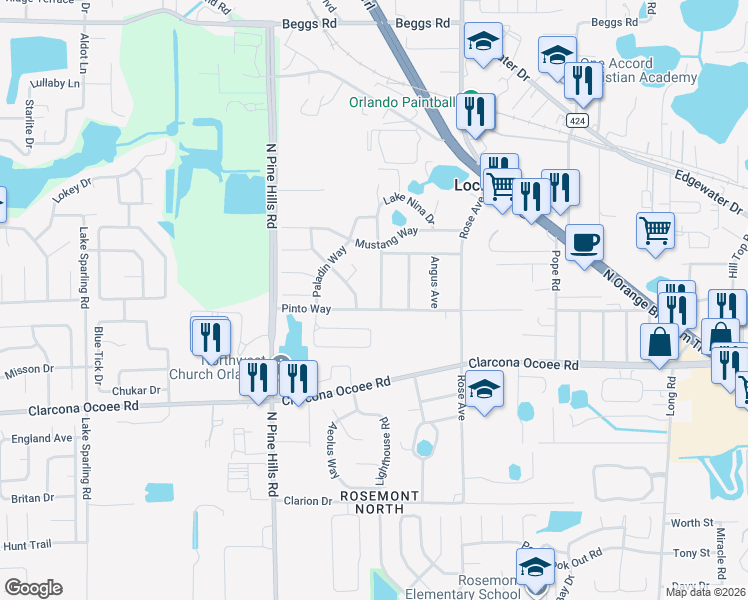 map of restaurants, bars, coffee shops, grocery stores, and more near 5301 Vance Avenue in Orlando