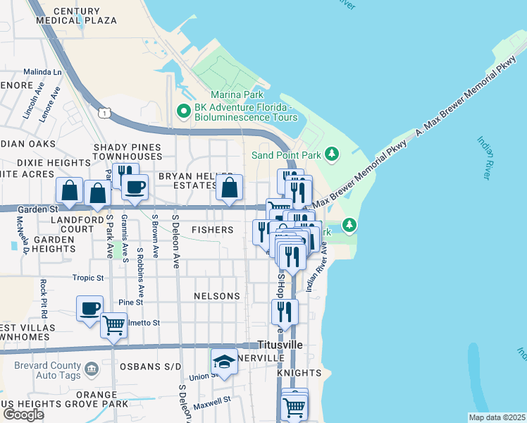 map of restaurants, bars, coffee shops, grocery stores, and more near 414 Florida 406 in Titusville