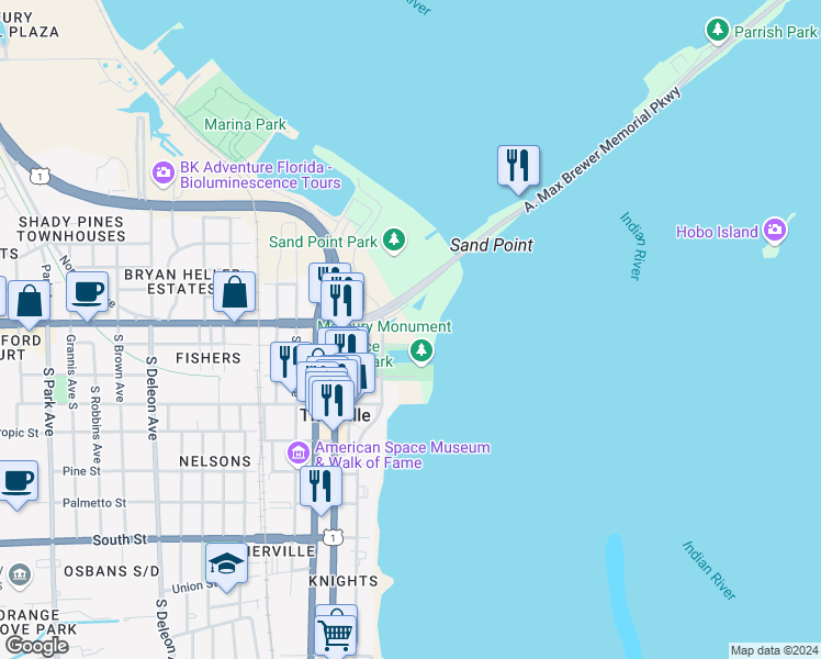 map of restaurants, bars, coffee shops, grocery stores, and more near 7 Indian River Avenue in Titusville