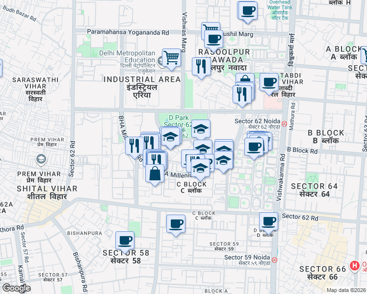 map of restaurants, bars, coffee shops, grocery stores, and more near in Noida