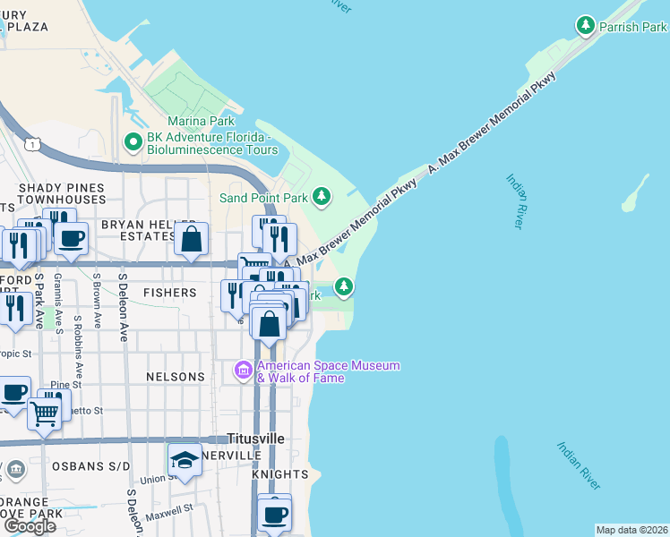 map of restaurants, bars, coffee shops, grocery stores, and more near 9 Indian River Avenue in Titusville