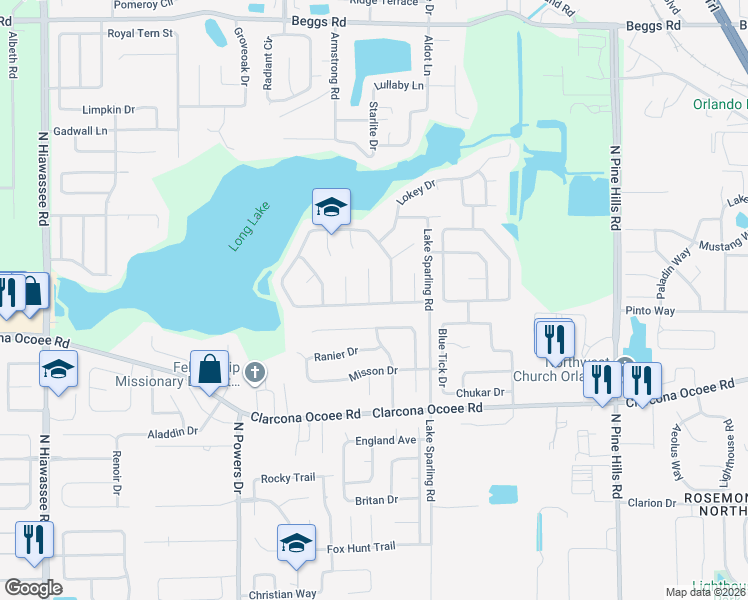 map of restaurants, bars, coffee shops, grocery stores, and more near 5709 Lakefield Court in Orlando