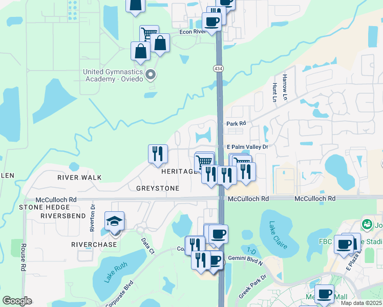 map of restaurants, bars, coffee shops, grocery stores, and more near 160 Reserve Circle in Oviedo