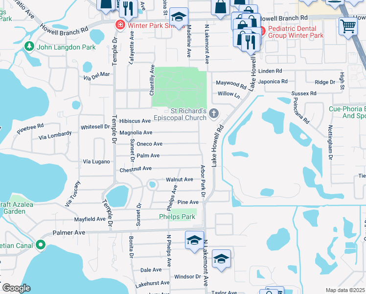 map of restaurants, bars, coffee shops, grocery stores, and more near 1680 Oneco Avenue in Winter Park