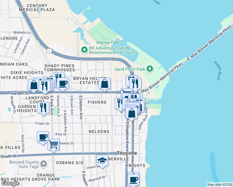 map of restaurants, bars, coffee shops, grocery stores, and more near 14 Lemon Avenue South in Titusville