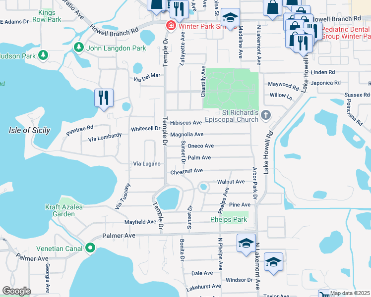 map of restaurants, bars, coffee shops, grocery stores, and more near 1414 Oneco Avenue in Winter Park