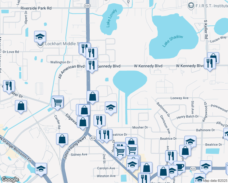 map of restaurants, bars, coffee shops, grocery stores, and more near 2213 Weston Point Drive in Orlando