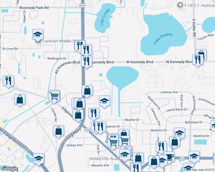map of restaurants, bars, coffee shops, grocery stores, and more near 2213 Weston Point Drive in Orlando