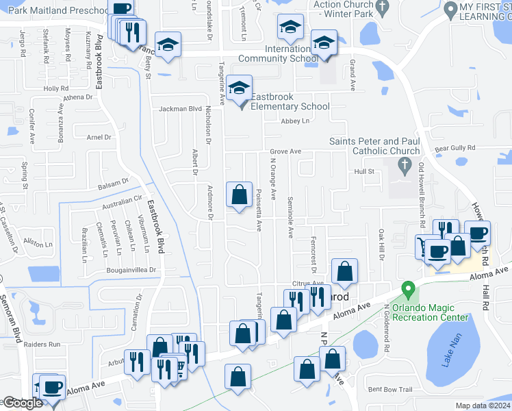 map of restaurants, bars, coffee shops, grocery stores, and more near 5216 Poinsetta Avenue in Winter Park