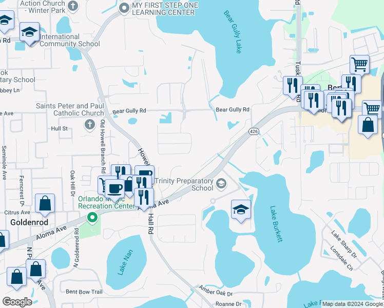 map of restaurants, bars, coffee shops, grocery stores, and more near 8037 Pleasant Pine Circle in Winter Park