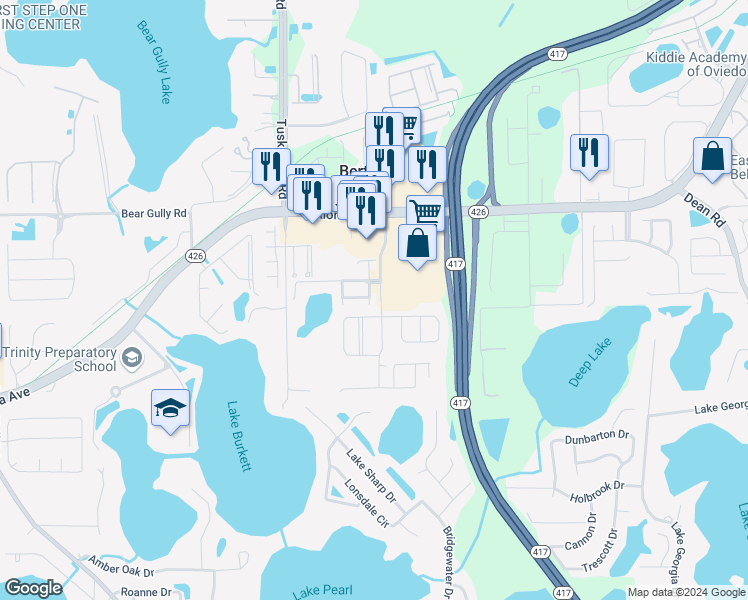 map of restaurants, bars, coffee shops, grocery stores, and more near 5471 Leighton Lane in Oviedo