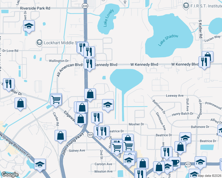 map of restaurants, bars, coffee shops, grocery stores, and more near 2201 Weston Point Drive in Orlando