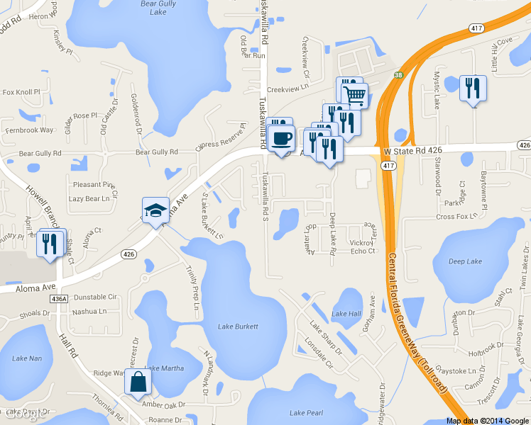 map of restaurants, bars, coffee shops, grocery stores, and more near Tuskawilla Road South in Oviedo