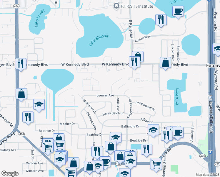 map of restaurants, bars, coffee shops, grocery stores, and more near 5618 Pinerock Road in Orlando