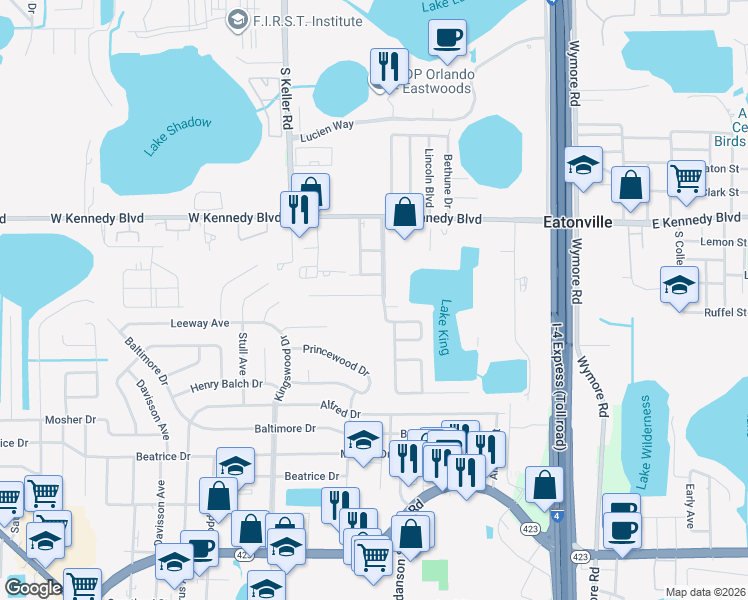 map of restaurants, bars, coffee shops, grocery stores, and more near 510 Katherine Avenue in Orlando