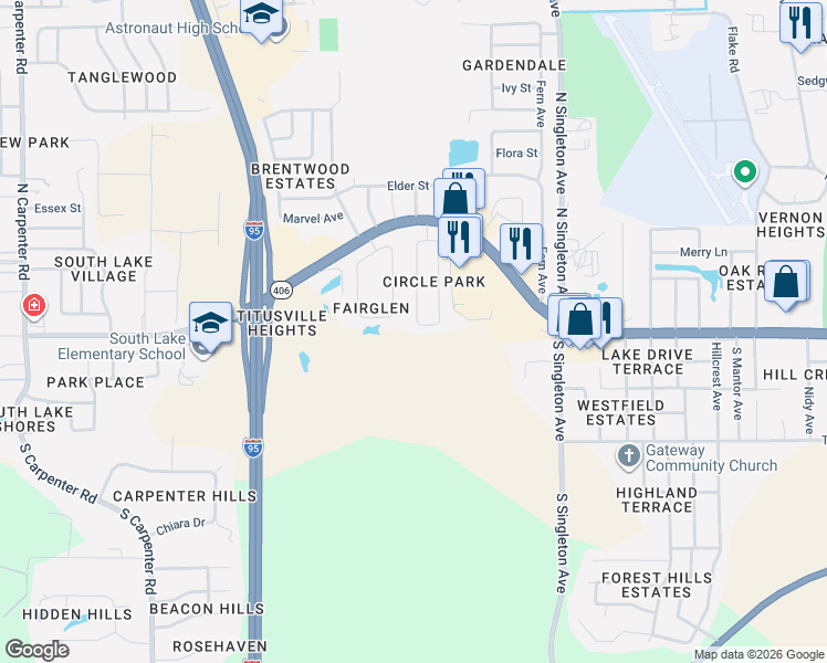 map of restaurants, bars, coffee shops, grocery stores, and more near 52 Fairglen Drive in Titusville