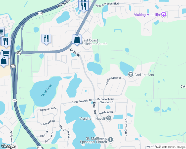map of restaurants, bars, coffee shops, grocery stores, and more near 9840 Bubbling Brook Court in Oviedo