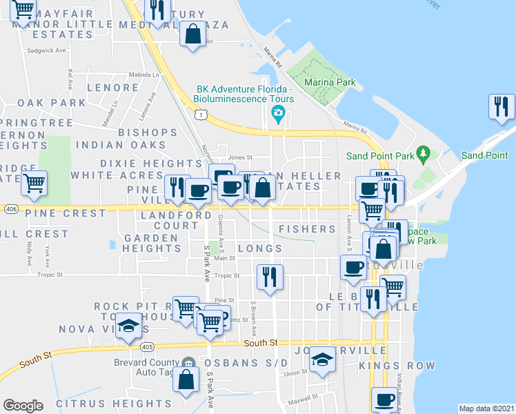 map of restaurants, bars, coffee shops, grocery stores, and more near 1024 Garden Street in Titusville
