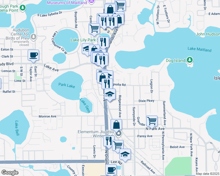 map of restaurants, bars, coffee shops, grocery stores, and more near 1450 South Orlando Avenue in Maitland