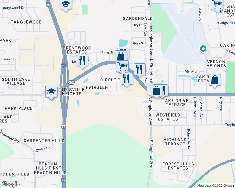 map of restaurants, bars, coffee shops, grocery stores, and more near 17 East Towne Place in Titusville