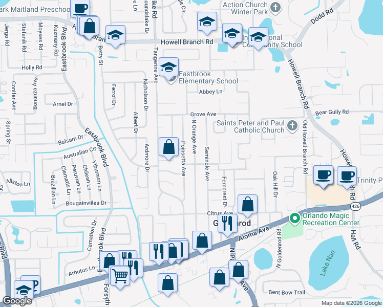 map of restaurants, bars, coffee shops, grocery stores, and more near 5221 Poinsetta Avenue in Winter Park