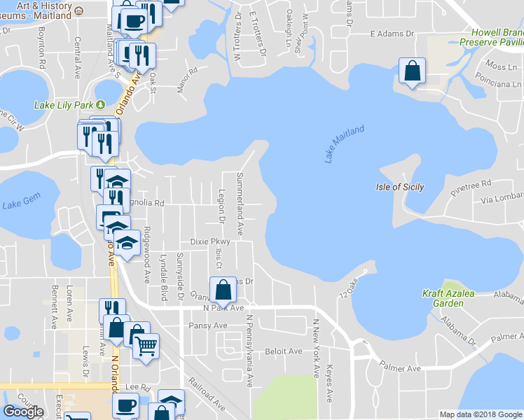 map of restaurants, bars, coffee shops, grocery stores, and more near 644 Gaines Way in Winter Park