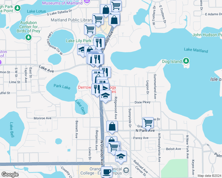 map of restaurants, bars, coffee shops, grocery stores, and more near 1450 South Orlando Avenue in Maitland