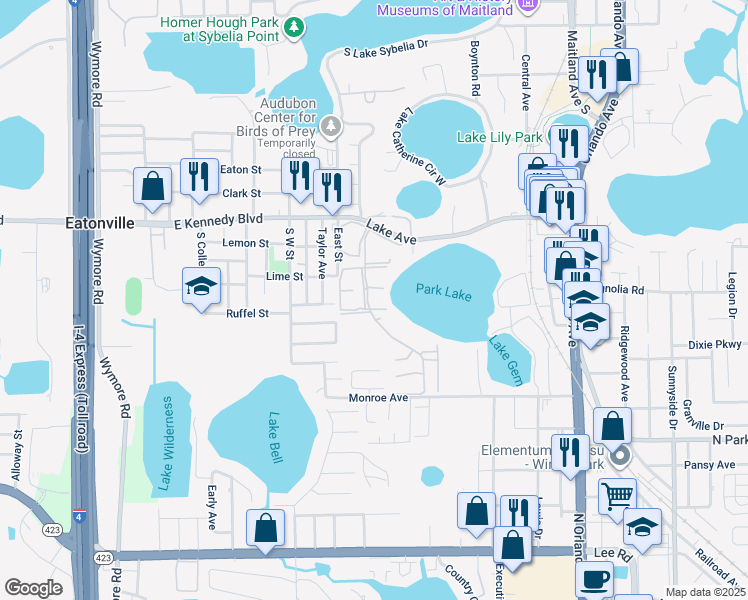 map of restaurants, bars, coffee shops, grocery stores, and more near 828 Maple Court in Maitland