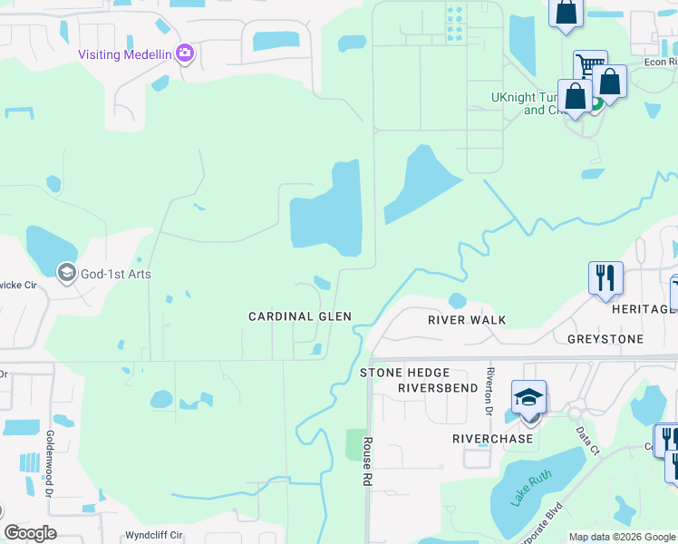 map of restaurants, bars, coffee shops, grocery stores, and more near 4005 Iron Bridge Road in Oviedo