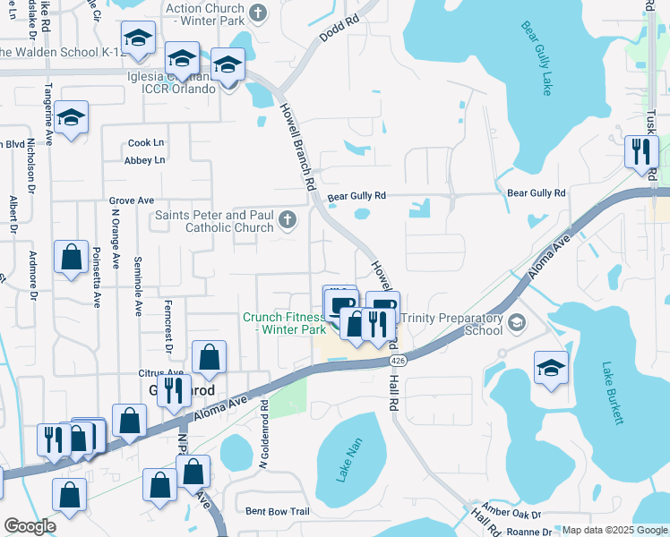 map of restaurants, bars, coffee shops, grocery stores, and more near 7785 Branchwood Lane South in Winter Park