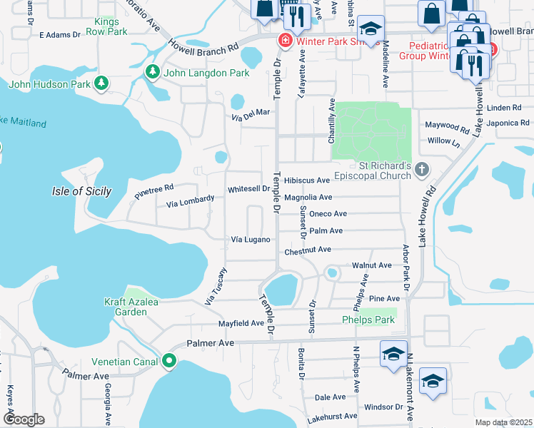 map of restaurants, bars, coffee shops, grocery stores, and more near 1900 Temple Drive in Winter Park