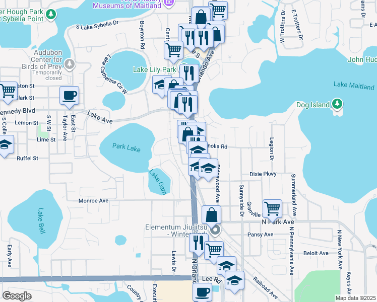 map of restaurants, bars, coffee shops, grocery stores, and more near 1443 South Orlando Avenue in Maitland