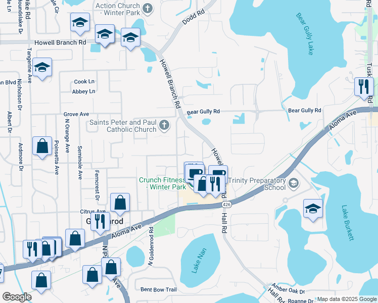 map of restaurants, bars, coffee shops, grocery stores, and more near 7726 Branchwood Lane South in Winter Park