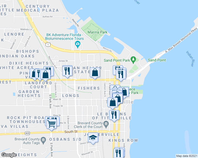 map of restaurants, bars, coffee shops, grocery stores, and more near 500 Garden Street in Titusville