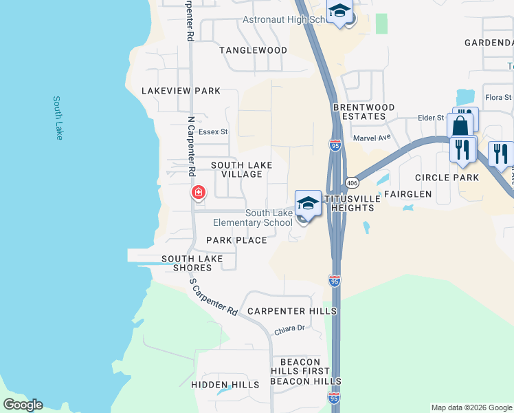 map of restaurants, bars, coffee shops, grocery stores, and more near 4100 Garden Street in Titusville