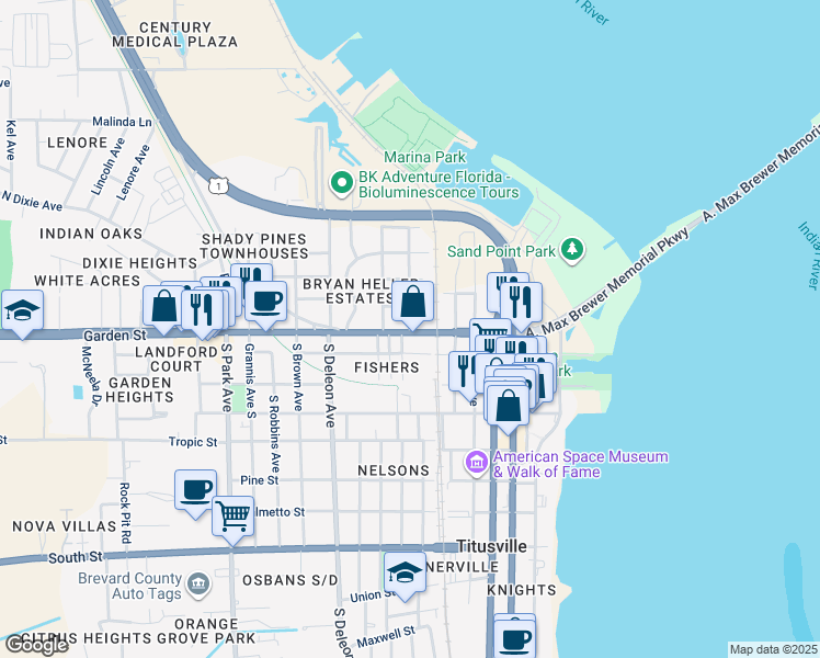 map of restaurants, bars, coffee shops, grocery stores, and more near 500 Garden Street in Titusville