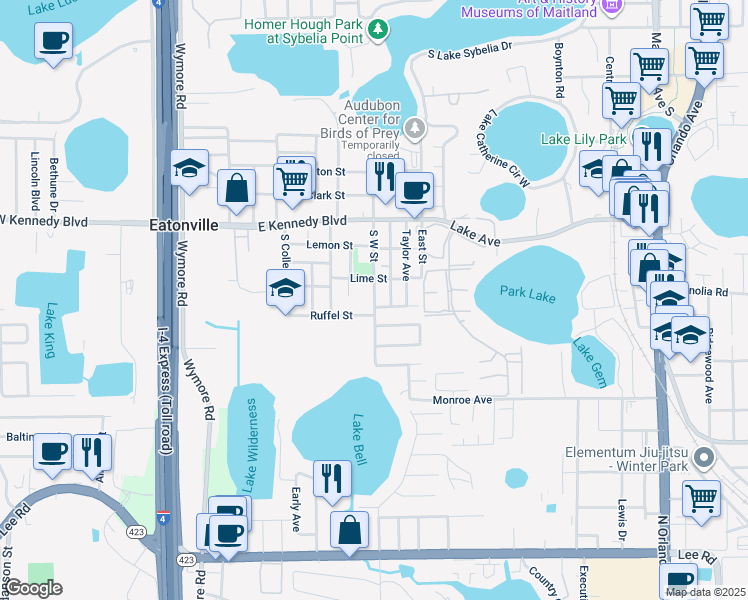 map of restaurants, bars, coffee shops, grocery stores, and more near 200 South West Avenue in Eatonville