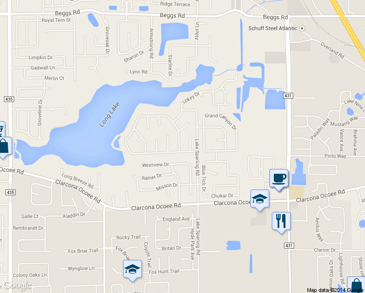 map of restaurants, bars, coffee shops, grocery stores, and more near 5716 Long Park Court in Orlando
