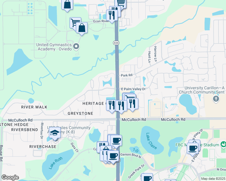map of restaurants, bars, coffee shops, grocery stores, and more near 176 Reserve Circle in Oviedo