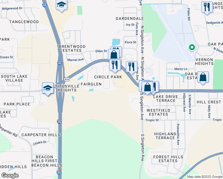 map of restaurants, bars, coffee shops, grocery stores, and more near 17 East Towne Place in Titusville