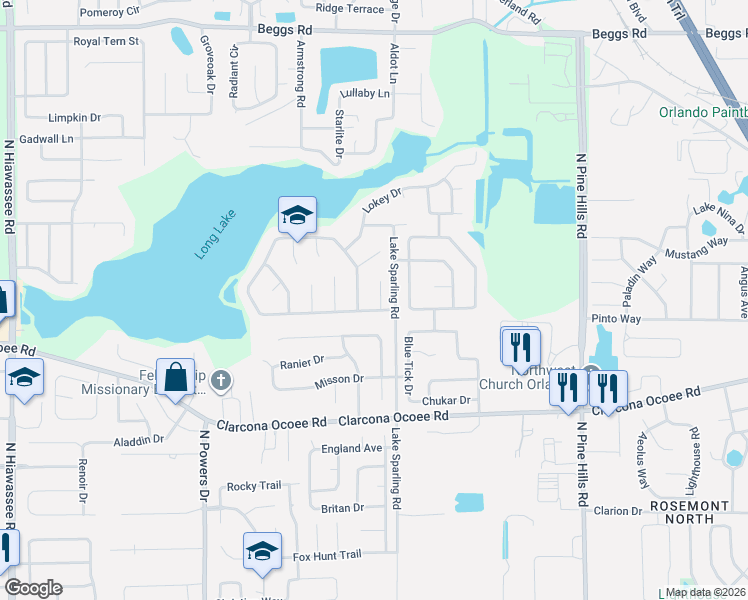 map of restaurants, bars, coffee shops, grocery stores, and more near 5716 Long Park Court in Orlando