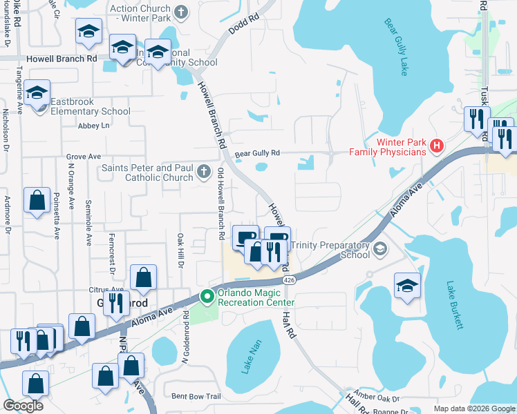 map of restaurants, bars, coffee shops, grocery stores, and more near 5379 April Terrace in Winter Park